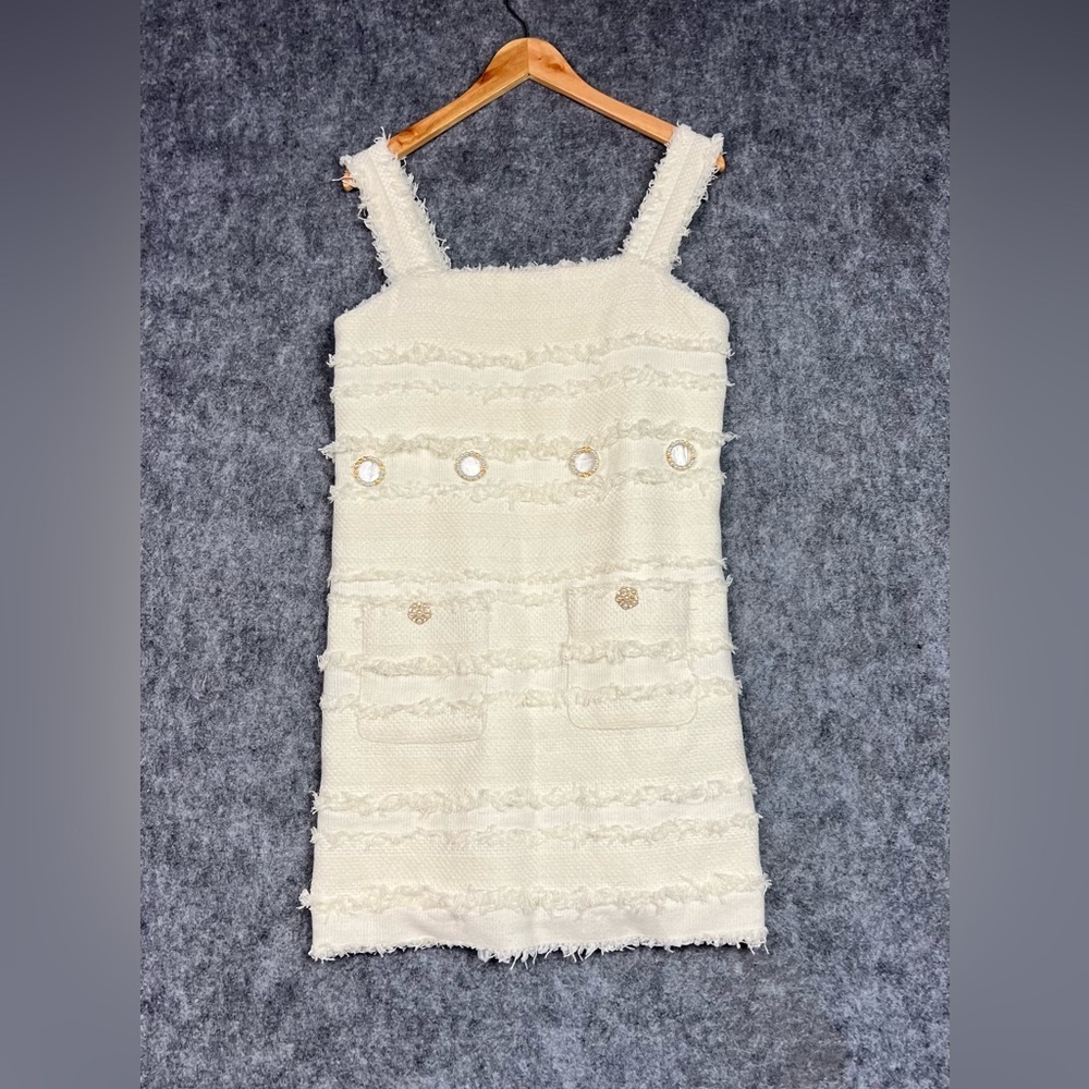 Dress Sleeveless Cream Textured Shift Dress with Decorative Buttons Size M